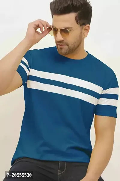 Reliable Blue Cotton Blend Striped Round Neck Tees For Men