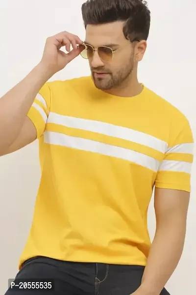 Reliable Yellow Cotton Blend Striped Round Neck Tees For Men