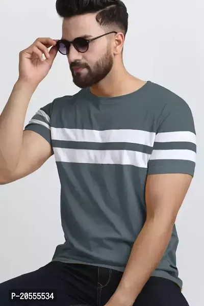 Reliable Grey Cotton Blend Striped Round Neck Tees For Men-thumb0