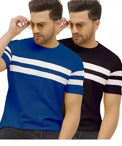 Reliable Blend Striped Round Neck Tees For Men, pack of 2