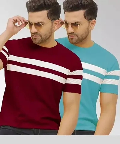 Reliable Cotton Blend Striped Round Neck Men T-Shirt Pack Of 2