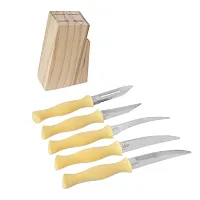 Kitchen Knife and Peeler Set of 5 Stainless Steel Kitchen Tool Set Combo of 3 Vegetable, 1 Fruit Knife and 1 Stainless 1 Wood Stand Steel Peeler (Yellow)-thumb1