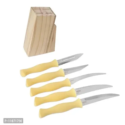 Kitchen Knife and Peeler Set of 5 Stainless Steel Kitchen Tool Set Combo of 3 Vegetable, 1 Fruit Knife and 1 Stainless 1 Wood Stand Steel Peeler (Yellow)-thumb2