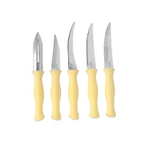 Kitchen Knife and Peeler Set of 5 Stainless Steel Kitchen Tool Set Combo of 3 Vegetable, 1 Fruit Knife and 1 Stainless 1 Wood Stand Steel Peeler (Yellow)-thumb2