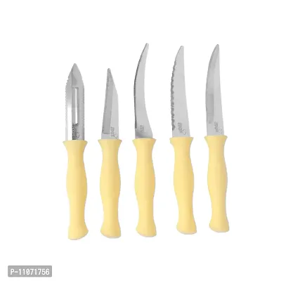 Kitchen Knife and Peeler Set of 5 Stainless Steel Kitchen Tool Set Combo of 3 Vegetable, 1 Fruit Knife and 1 Stainless 1 Wood Stand Steel Peeler (Yellow)-thumb3