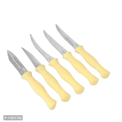 Kitchen Knife and Peeler Set of 5 Stainless Steel Kitchen Tool Set Combo of 3 Vegetable, 1 Fruit Knife and 1 Stainless 1 Wood Stand Steel Peeler (Yellow)-thumb4