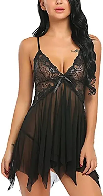 Lace Babydolls Lingerie for Honeymoon, Babydolls Night Dresses for Women, Nighty for Sexy Women Aaliya - Black