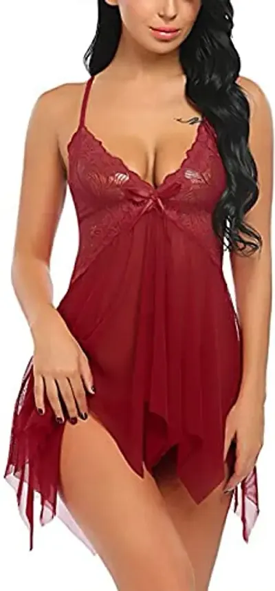 Lace Babydolls Lingerie for Honeymoon, Babydolls Night Dresses for Women, Nighty for Sexy Women Aaliya - Maroon