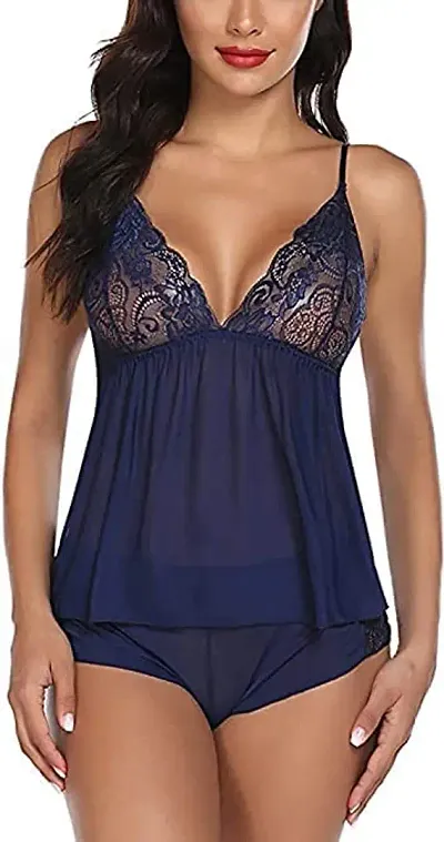 Lace Babydolls Lingerie for Honeymoon, Babydolls Night Dresses for Women, Nighty for Sexy Women  Carry Color-Navy Blue