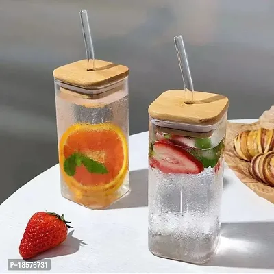WOODEN LID SIPPER GLASS Random Printed Square Glass Beer Soda and Green Tea and Coffee Can Fruit Juice Milk Sipper Mug with Airtight Wooden Lid and Glass Straw Tumbler 320ml(Set of 1)-thumb0