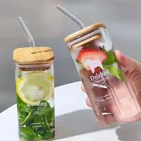 WOODEN LID SIPPER GLASS Random Printed Square Glass Beer Soda and Green Tea and Coffee Can Fruit Juice Milk Sipper Mug with Airtight Wooden Lid and Glass Straw Tumbler 320ml(Set of 1)-thumb2
