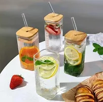 WOODEN LID SIPPER GLASS Random Printed Square Glass Beer Soda and Green Tea and Coffee Can Fruit Juice Milk Sipper Mug with Airtight Wooden Lid and Glass Straw Tumbler 320ml(Set of 1)-thumb4