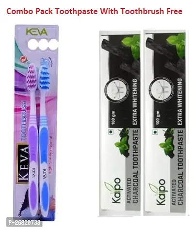 KAIPO Combo Pack of 2 PRIMIUM ACTIVATED CHARCOAL Toothpaste For  With 2 KAIPO FREE Toothbrush For Teeth Whitening  (4 Items in the set)