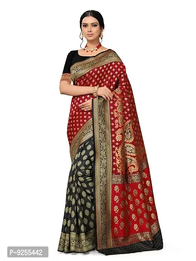 MUMAKU Women's Banarasi Silk Saree With Blouse Piece (NL13_B-BLACK,P-RED_Black)