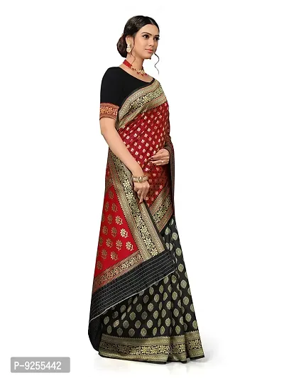 MUMAKU Women's Banarasi Silk Saree With Blouse Piece (NL13_B-BLACK,P-RED_Black)-thumb3