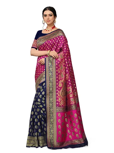 Mumaku Women's Rapier Jacquard Woven Self Design Banarasi Silk Saree With Unstich Blouse Piece