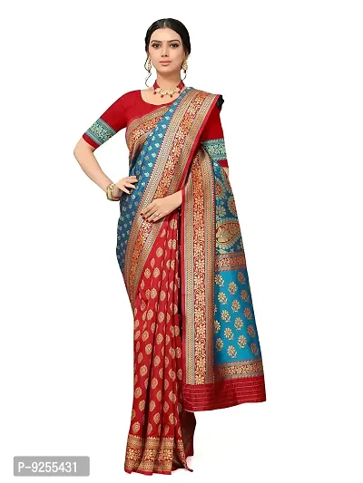 Mumaku Women's Jacquard Woven Silk Saree With Blouse Piece (nl13_b-red,p-firozi_firozi)-thumb2