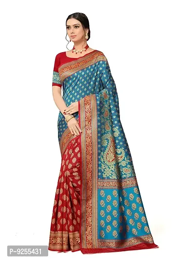 Mumaku Women's Jacquard Woven Silk Saree With Blouse Piece (nl13_b-red,p-firozi_firozi)-thumb0