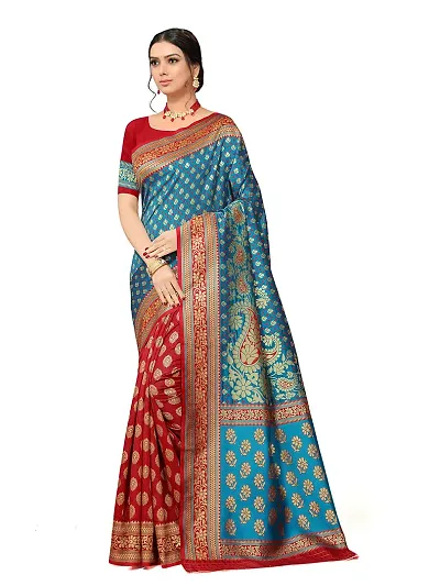 Mumaku Women's Rapier Jacquard Woven Self Design Banarasi Silk Saree With Unstich Blouse Piece