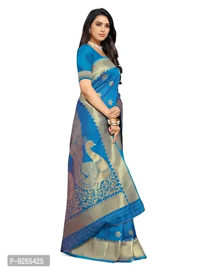 Sansrukti Clothings Women's Jacquard Woven Banarasi Silk Saree (Firozi)-thumb4