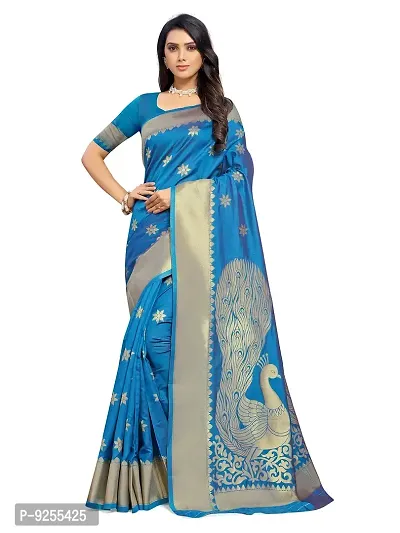 Sansrukti Clothings Women's Jacquard Woven Banarasi Silk Saree (Firozi)-thumb0