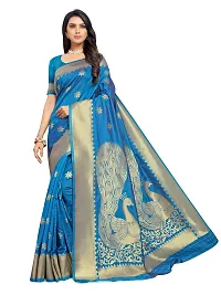 Sansrukti Clothings Women's Jacquard Woven Banarasi Silk Saree (Firozi)-thumb2