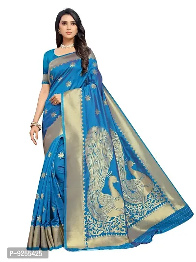 Sansrukti Clothings Women's Jacquard Woven Banarasi Silk Saree (Firozi)-thumb3