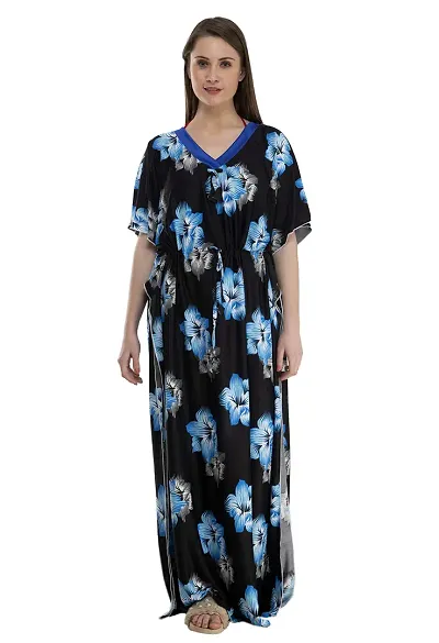 DILJEET Women's- Floral Kaftan/Nighty/Maxi/Gown (X-Large, Blue)