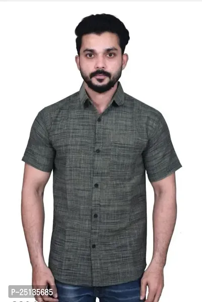 Stylish Grey Khadi Cotton Solid Regular Fit Short Sleeves Shirt For Men-thumb0