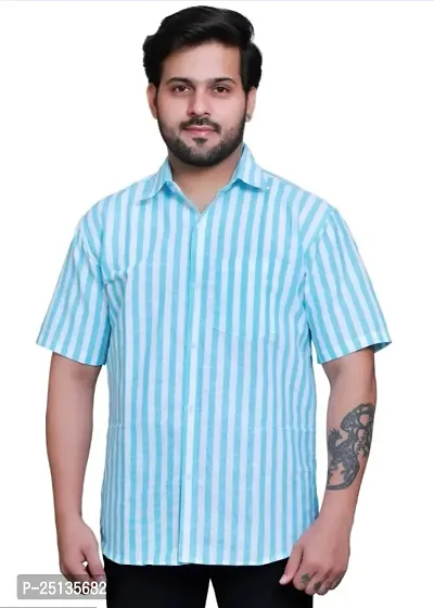 Stylish Multicoloured Khadi Cotton Striped Regular Fit Short Sleeves Shirt For Men-thumb0