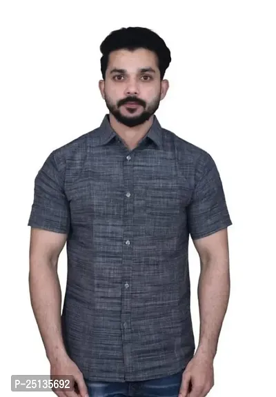 Stylish Grey Khadi Cotton Solid Regular Fit Short Sleeves Shirt For Men-thumb0