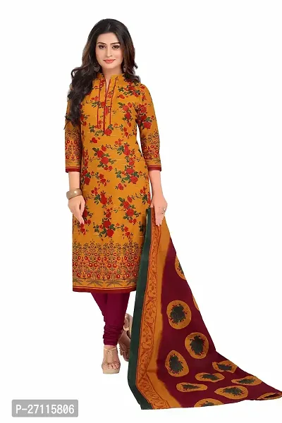 Miraan Elegant Cotton Mustard Printed Straight Kurta With Churidar Salwar And Dupatta Set For Women