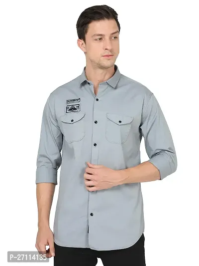 Miraan Stylish Light Grey Cotton Double Pocket Shirt For Men