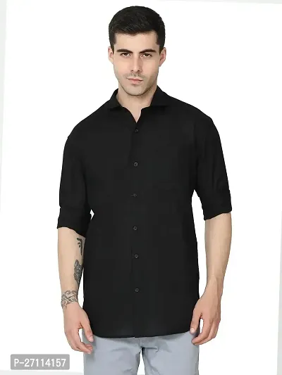 Miraan Stylish Black Linen Cotton Shirt For Men