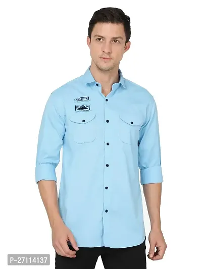 Miraan Stylish Light Blue Cotton Double Pocket Shirt For Men
