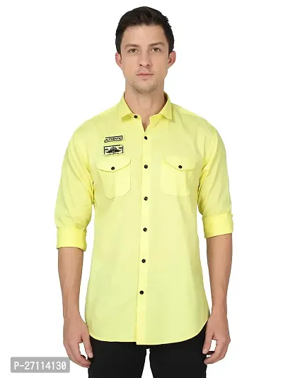 Miraan Stylish Yellow Cotton Double Pocket Shirt For Men-thumb0