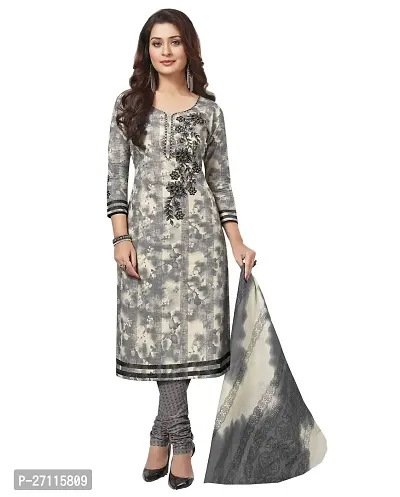 Miraan Elegant Cotton Grey Printed Straight Kurta With Churidar Salwar And Dupatta Set For Women