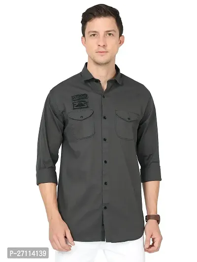 Miraan Stylish Dark Grey Cotton Double Pocket Shirt For Men