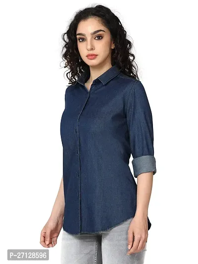 Miraan Stylish Dark Blue Denim Solid Shirt For Women-thumb3