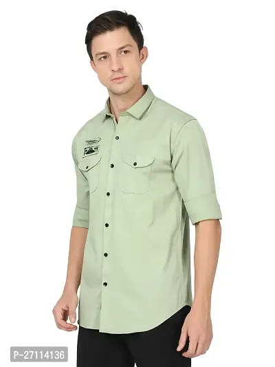 Miraan Stylish Light Green Cotton Double Pocket Shirt For Men-thumb3