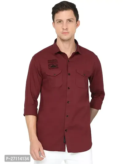 Miraan Stylish Maroon Cotton Double Pocket Shirt For Men