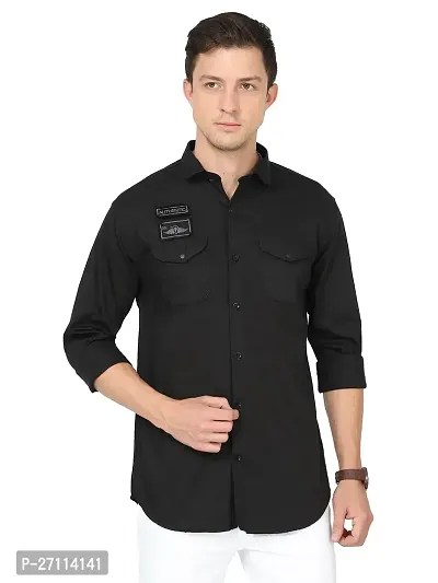 Miraan Stylish Black Cotton Double Pocket Shirt For Men