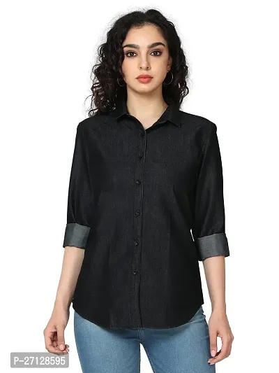 Miraan Stylish Black Denim Solid Shirt For Women-thumb0