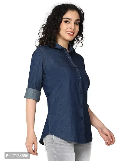 Miraan Stylish Dark Blue Denim Solid Shirt For Women-thumb4