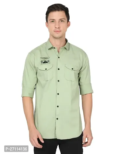 Miraan Stylish Light Green Cotton Double Pocket Shirt For Men-thumb0