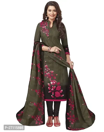 Miraan Elegant Cotton Olive Printed Straight Kurta With Churidar Salwar And Dupatta Set For Women-thumb0