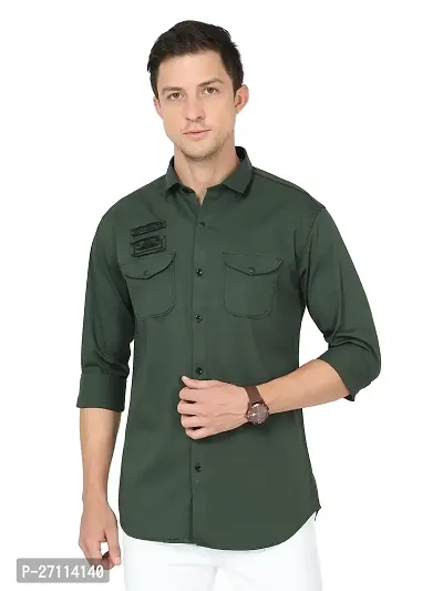 Miraan Stylish Bottle Green Cotton Double Pocket Shirt For Men