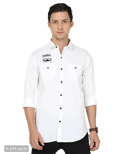 Miraan Stylish White Cotton Double Pocket Shirt For Men