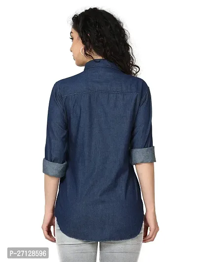 Miraan Stylish Dark Blue Denim Solid Shirt For Women-thumb2