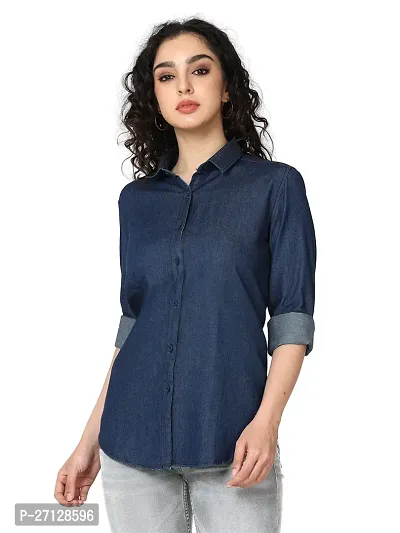 Miraan Stylish Dark Blue Denim Solid Shirt For Women-thumb0